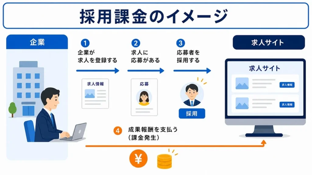 採用課金のイメージ:①企業が求人を登録する ②求人に応募がある ③応募者を採用する ④成果報酬を支払う(課金発生)