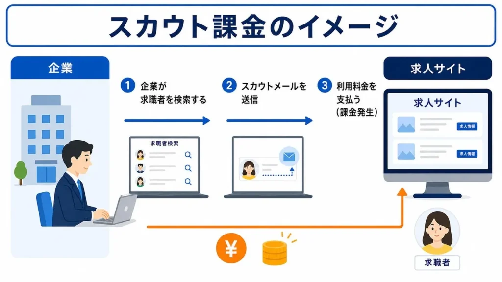 スカウト課金のイメージ:①企業が求職者を検索する ②スカウトメールを送信 ③利用料金を支払う(課金発生)