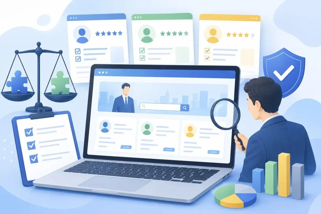 最適な求人サイト構築パッケージを選ぶビジネスマンのイラスト