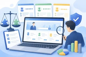 最適な求人サイト構築パッケージを選ぶビジネスマンのイラスト